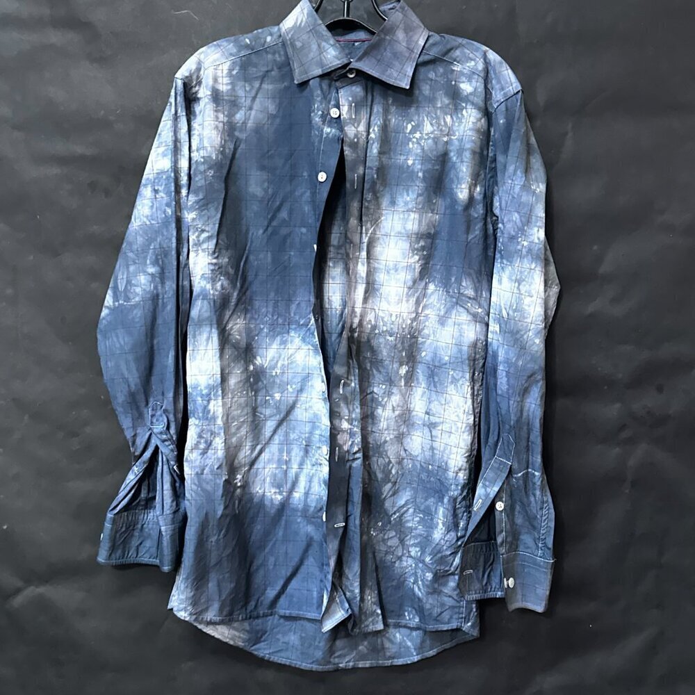 Eton Black Tie Dye Shirt Long Sleeve Size Large Black Neck 16 Windowpane Plaid